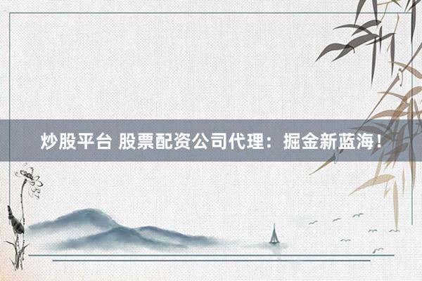 炒股平台 股票配资公司代理：掘金新蓝海！